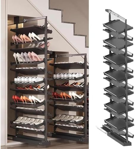 Pull Out Shoe Rack Rotating Shoe Cabinet Cabiner Rotate Rotating Shoe Storage Rack for Wardrobes Retractable，Shoe Rack, 360° Rotating Adjustable Tall Slim Metal Organizer for Small Closets,