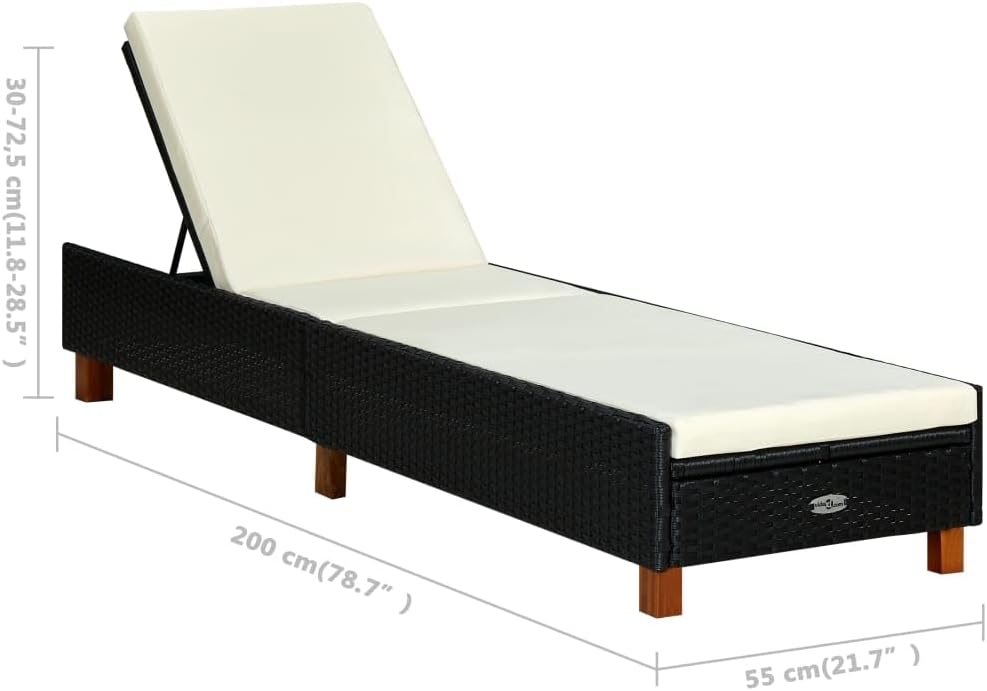 vidaXL Sunbed with Adjustable Backrest and Thick Cushion - Weather-Resistant PE Rattan and Sturdy Acacia Wood Legs - Versatile & Comfortable Outdoor Furniture, Black