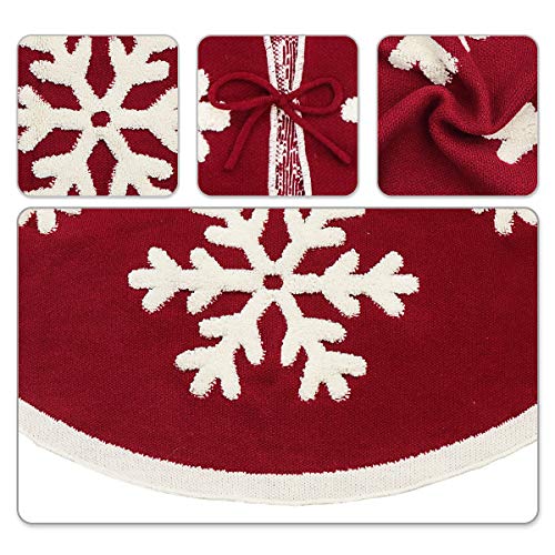 LimBridge Knitted Christmas Tree Skirt, 48 Inches Knitted Christmas Decorations, Wine Red Heavy Yarn Xmas Holiday Decoration with White Snowflakes, Burgundy and Cream