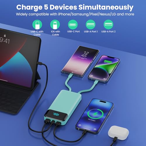 Image of Portable Charger 40800mAh Power Bank with 3 Built-in Cables,PD 25W USB C in&Out Power Bank Fast Phone Charging,QC4.0 5 Outputs Travel Camping Essential Battery Pack for iPhone 17 /16,Samsung etc-Green