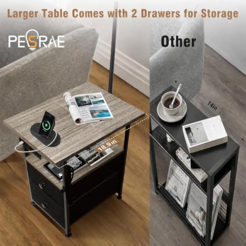 Image of PESRAE Floor Lamp with Table & 2 Drawers, End Table with Lamp, Vintage Grey | Charging Station with USB, Type-C & AC Outlet; 9W LED Bulb with 3 Color Temperatures for Bedroom, Living Room & Home Office