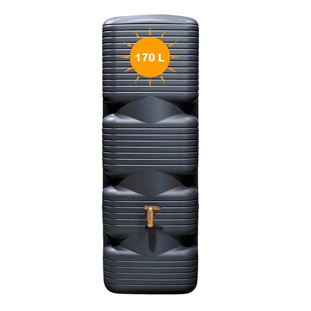Quadro Wandtank 170 L Graphite Grey Komplett-Set, Regentonne schmal mit Auslaufhahn & Fallrohrfilter, Regenwasserbehälter Hauswand, Regenfass