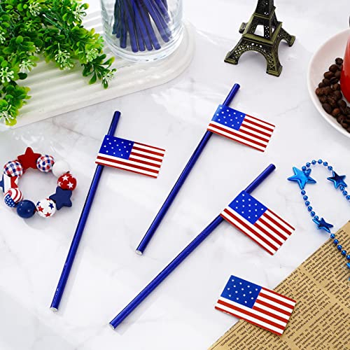 Whaline 50Pcs Patriotic Paper Straws Foil Blue Drinking Straws With American Flag Cutout 4Th Of July Disposable Straws For Beverages Cocktail Independence Day Memorial Day Party Supplies #TOP3