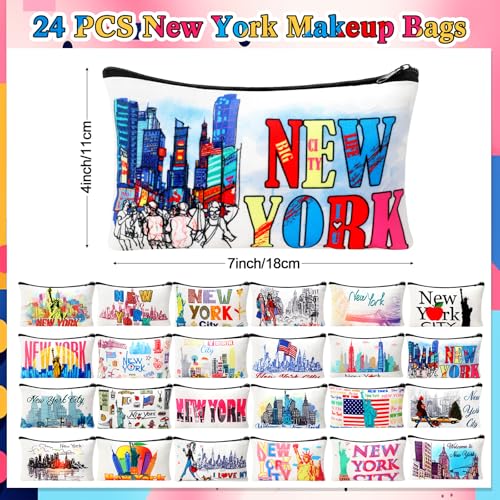 24 Pieces Makeup Bags Bulk Canvas Cosmetic Bags Purse Organizer Zipper Cosmetic Pouch Portable Travel Toiletry Pouch for Women Men Gifts, 7 x 4 Inch (New York)2