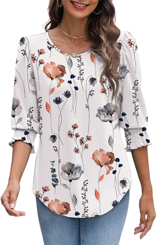 Image of XIEERDUO Blouses for Women Dressy Casual 3 /4 Length Sleeve Womens Tops with Smocked Cuffs