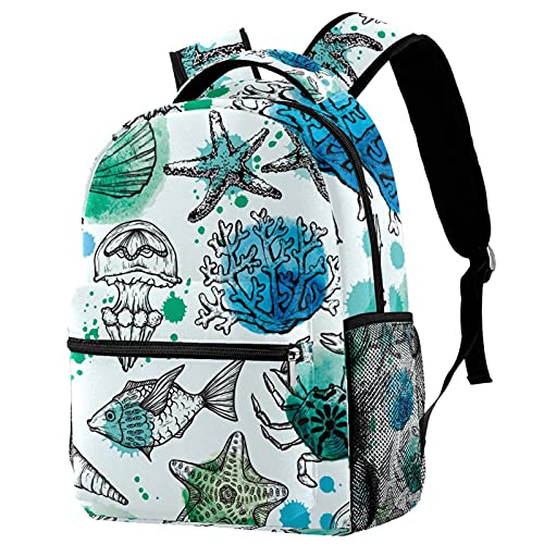 Sac à dos école vert foncé motif étoiles de mer et conques pour filles et garçons