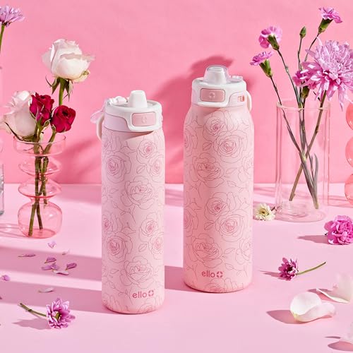 Image of Ello Pop & Fill 22oz Stainless Steel Water Bottle with Quick Fill Technology, Double Walled and Vacuum Insulated Metal, Leak Proof Locking Lid, Sip and Chug, Reusable, BPA Free, Roses