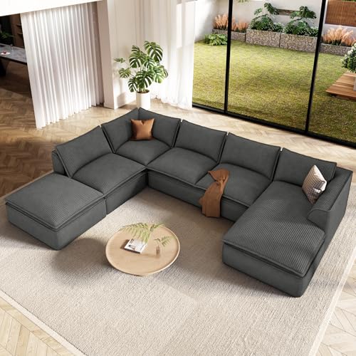Image of Vesgantti 141.7 inch Oversized Boneless Sectional Couch, Modern 7 Seater Modular Sofa with Chaise & Ottoman, Deep Seat Corduroy Cloud Couches for Living Room, No Assembly Required, Dark Gray