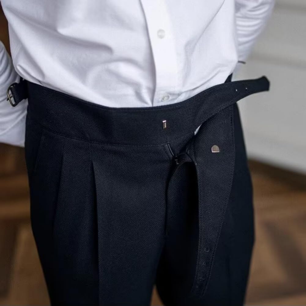 Męskie tweedowe spodnie z wysokim stanem, spodnie w stylu vintage, proste przednie płaskie diagonalne spodnie z wysokim stanem zwężane nogawki, Czarny, 4XL