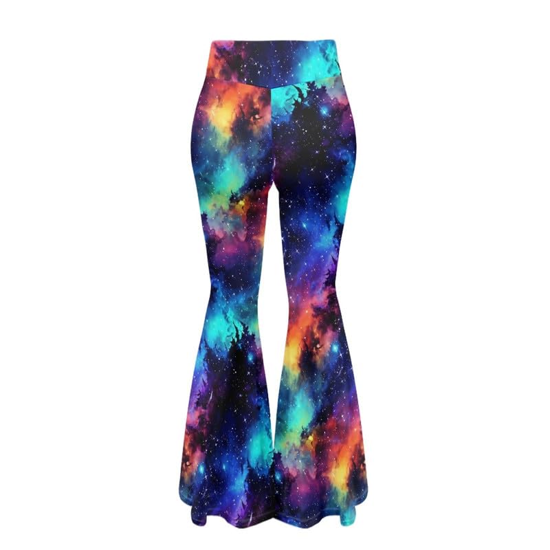 Irisjudy Galaxy Nebula Print Women Flare Leggings Elastic High Waist Colorful Starry Bootcut Yoga Pants, Black Bell Bottom Flared Sweatpants for Women