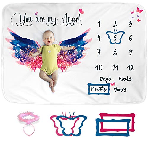Image of Luka & Lily Baby Milestone Blanket - Ultra Soft Fleece Monthly Milestone Blanket for Baby Girl and Boy - Perfect for Baby's First Year Growth Chart - Monthly Baby Milestone - Angel Wings - 60"x40"