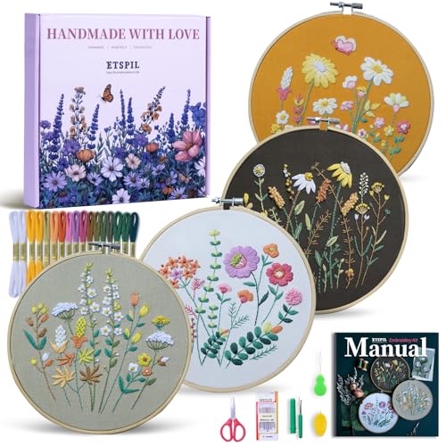 Image of ETSPIL Embroidery Kit for Beginners, 2 Hoops, 4K Video, 4 Floral Patterns | Stitch Side by Side. Lines Fade as You Stitch. All Tools Included. Easy to Start, Weekend Family Craft