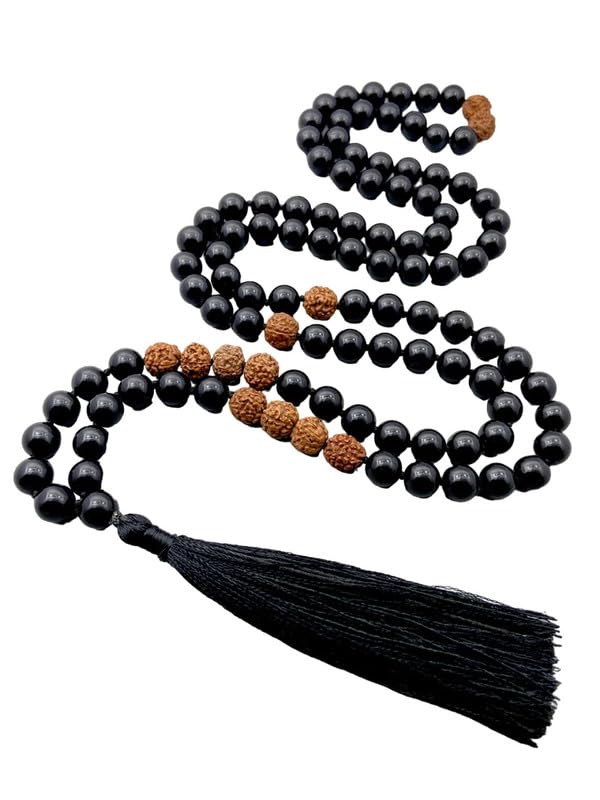 Collier Mala 108 perles en onyx noir naturel AAA et rudraksha noué d'une finition d'exception