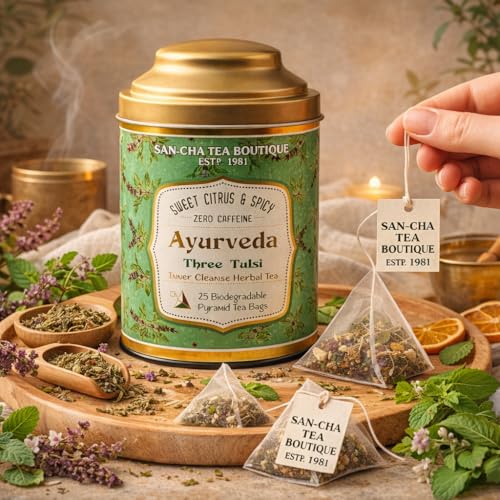 Image of Sancha Tea Boutique Tulsi Tea | Rama, Shyama & Vana Tulsi Blend | 25 Pyramid Tea Bags | Immunity Support | Caffeine-Free Ayurvedic Herbal Infusion