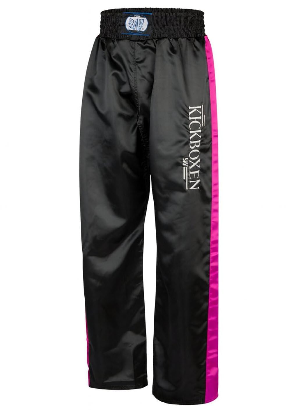 BAY Edel Stick Kickboxhose Kampfsporthose Schwarz lang Streifen in Pink seitlich Polyester gestickter Schriftzug Erwachsene Damen Herren Kinder Jungen Mädchen Größen 4XS - L