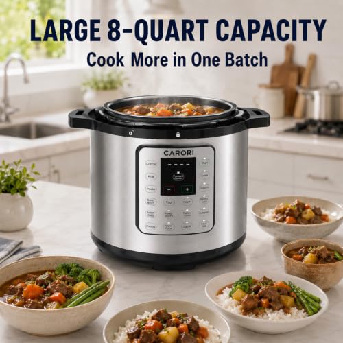 Image of CARORI 8Qt 12-in-1 1200W Stainless Steel Pressure Cooker,Quick Meals, Time-Saving, Healthy, Convenient & Efficient - with Safer Venting & Recipe Book, Silver