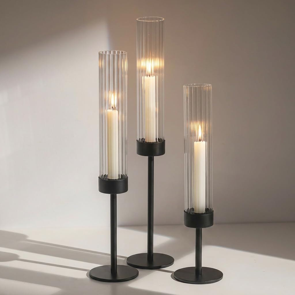 Glasseam Hurricane Taper Candle Holders, 3Pcs Black Candlestick for Mantle