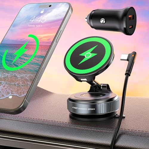 ALAFLY 15W Soporte de teléfono para Coche, Compatible con Cargador inalámbricos Magsafe, Soporte magnético inalámbrico con Ventosa para iPhone 17/16/15/14/13/12 séries, con QC 3.0