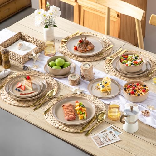 Geschirrset 6 Personen, vancasso PLAYA 18tlg Tafelservice 6 Personen Modern, Steingut Geschirrset, Beinhaltet Schüssel, Dessertteller und Speiseteller, Spülmaschinenfest, Braun