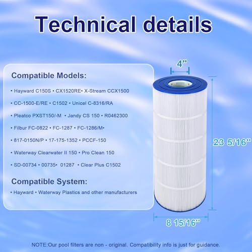 Dropdora Upgrade Pool Filter Compatible with Jandy CS150,CC1500RE, CCX1500RE, X-Stream 150, PWWCT150, R0462300, PJANCS150, PXST150, C-8414, C-8317, FC-0822, FC-1287. 1 Pack
