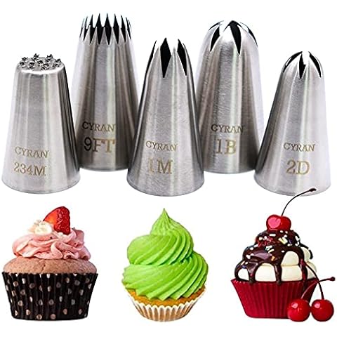 CYRAN Icing Piping Tip, 5 Pack #9FT 1B 1M 2D 234M Large Star Grass Flower Piping Nozzles Cover