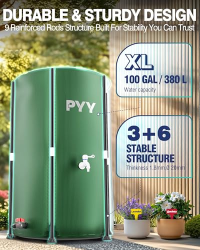 PYY Rain Water Collection Barrel - 100 Gallon Green Large Water Storage Tank with Spigots, Portable Rain Catcher to Collect Rainwater from Gutter, Plastic Rain Catchment System with Collapsible Bucket