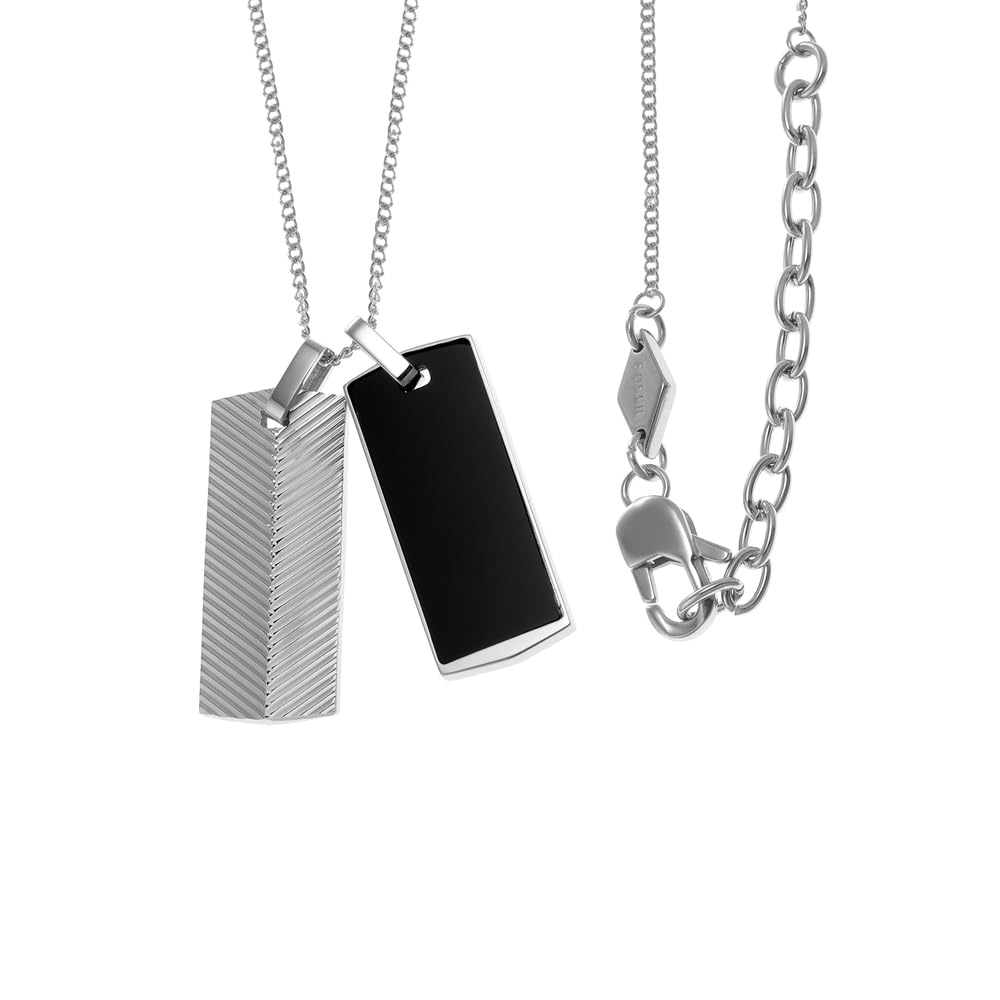 Fossil Herrenhalskette aus Edelstahl mit Karabinerverschluss Dog tag, Silber und Schwarz