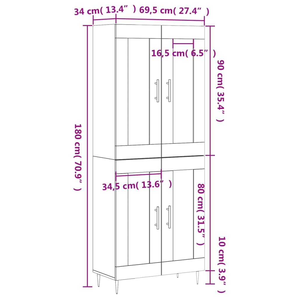 Sonoma Highboard szary materiał drewnopochodny, 69,5 x 34 x 180 cm, z żelaznymi nogami, dużo miejsca do przechowywania, kredens do salonu, szafy, korytarza, komody do szafek do salonu i komody