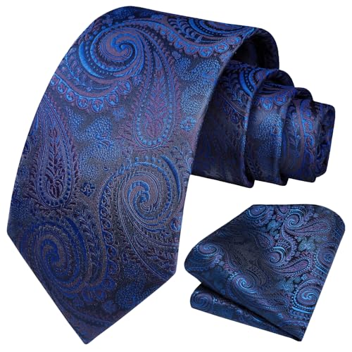 Image of HISDERN Extra Long Ties for Men Classic Floral Tie and Pocket Square Elegant Silk Necktie Handkerchief Set Wedding Party
