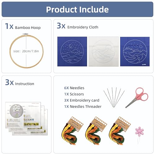 Image of KEKEMEOW 3 Sets Embroidery Kit for Beginners, Stitches with Landscape of Mountains Patterns, DIY Cross Stitch Kits for Adults, Needlepoint Hand Embroidery Kit with Stamped Pattern、Instruction、Hoop
