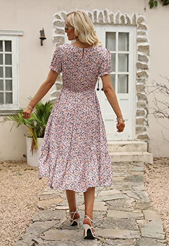 Image of NAVINS Womens Floral Print Modest Wedding Guest Midi Dress with Pockets | Puff sleeve tiered boho dress for summer, church, and vacations. Elastic waist, Below knee, hand or machine wash.