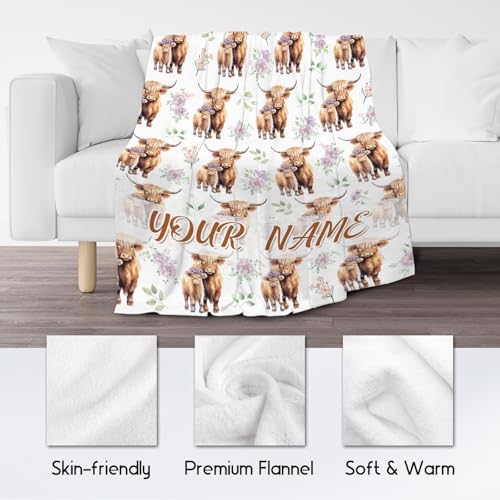 Custom Highland Cow Blanket for Women, Cozy Soft Throw Gifts, Cute White Flannel Throw Blankets for Couch Office, 60x80 Inches