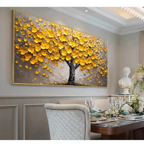 Peinture à l'huile arbre en fleurs de 100 x 200 cm avec son cadre doré raffiné