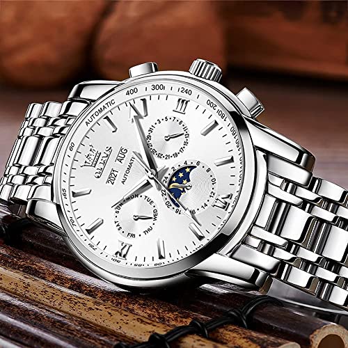 Image of OLEVS Automatic Men Watch Self Winding Mechanical Luxury Dress Moon Phase Stainless Steel Waterproof Luminous Calendar Wrist Watch
