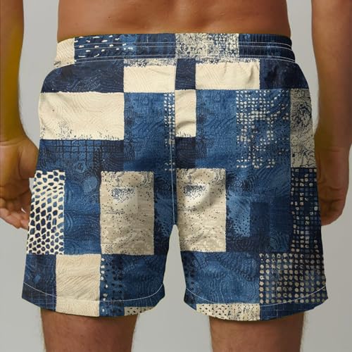Mens Shorts Summer Casual Beach Shorts Lightweight Elastic Waist Drawstring Board Shorts Patch Plaid Print Swim Shorts4
