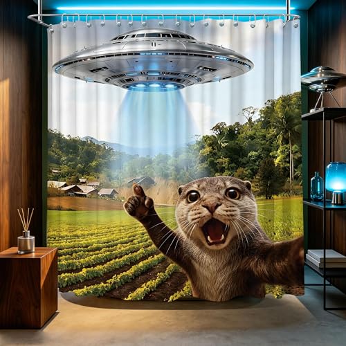 Image of Extra Long 108x72 Inchs Shower Curtain Extra Tall Funny Otter XL Fun UFO Shower Curtains for Large Bathroom Decor Sets, Waterproof Cloth Fabric with Hooks