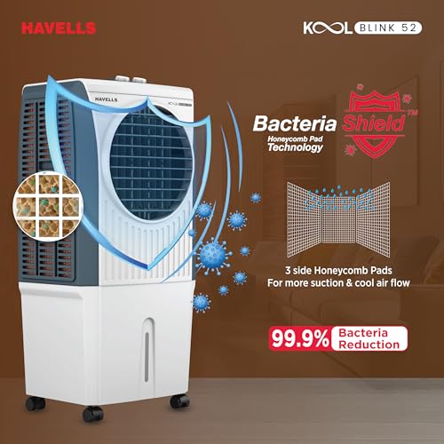 Image of Havells KoolBlink 52 L Air Cooler for Room|Powerful Air-Delivery|Dual Flow Technology|3 Side Bacteria Shield Honeycomb Pads|Double Ball Bearing Motor|Front Wheels with Brake|Inverter Compatible