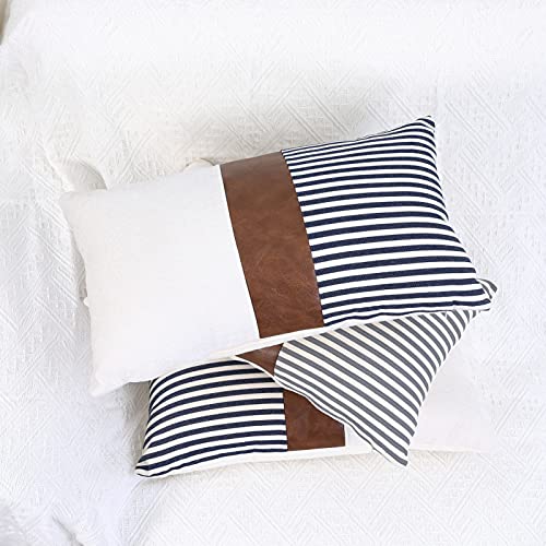 Boysum Set Of 2 Farmhouse Decorative Throw Pillow Covers Black Striped Patchwork Linen Pillow Covers Brown Faux Leather Modern Outdoor Decor Cushion Case 12X20 Inch, Black #TOP3