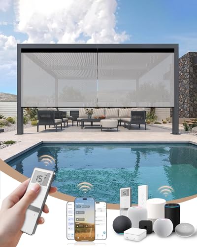 Image of Kincmo Motorized Outdoor Shades for Patio Porch, Custom Outdoor Motorized Blinds with Remote, Waterproof & Windproof Patio Shades Work with Apple Home,Alexa,Google (3%-Openness White Grey)