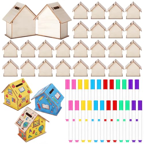 Image of Briwooody 12 Set DIY Unfinished Wooden Houses Bank Unfinished Piggy Bank Set with Coloring Pens Blank Coin Box Crafts for Wood Piggy Banks Craft and Home Activities Fun
