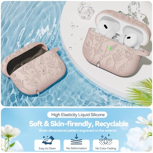 Image of Flower Engraved Case for Apple AirPods Pro 2nd /1st Generation, Soft Silicone AirPods Pro 2 Gen Protective Case Cover for Women Airpod Case with Clean Kit,Carabiner,Front LED Visible,Sand Powder