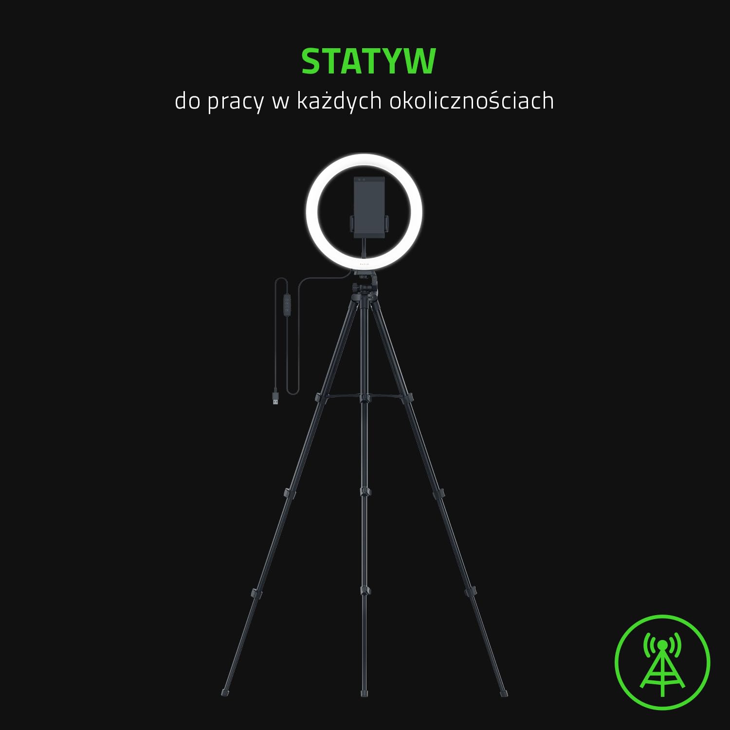Razer Ring Light - 12-calowa lampa pierścieniowa LED USB + Statyw do streamingu z komputerów PC i urządzeń mobilnych (Regulowane spektrum światła, Wszechstronne opcje mocowania) Czarny
