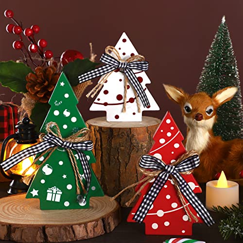 3 Pcs Christmas Tree Tiered Tray Decor Wood Christmas Tree Decorations For Home Wooden Firework Christmas Tree Rustic Decor Christmas Centerpieces With Buffalo Plaid Bow Wooden Table Decoration (Tree) #TOP26