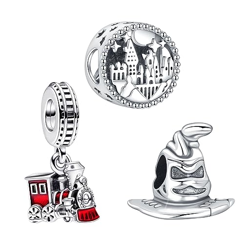 925 Sterling Silver Charms Hat Castle Train Pendant Beaded Set for Bracelet Necklace Charm Dangle for Women Birthday Gifts 3-Piece/Package