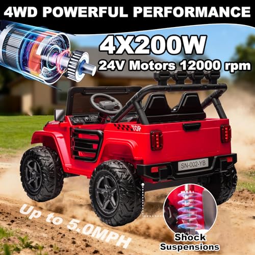 Image of NEWQIDA 24V 2 Seater Ride on Truck Car with Remote Control 24V Ride on Toys for Big Kids Electric Vehicles 4x4 Off-Road Style, EVA Tires, 4x200W Motors, Spring Suspension, Soft Braking, Music, Red
