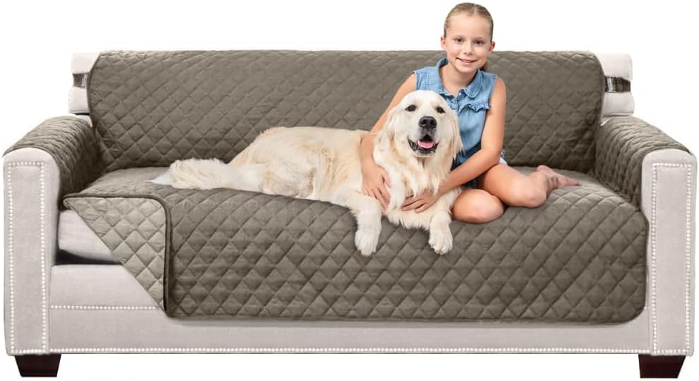 Sofa Shield Patented Couch Slip Cover, Large Cushion Protector, Reversible Stain and Dog Tear Resistant Slipcover, Quilted Microfiber 70” Seat, Washable Covers for Dogs Pets Kids, Latte Linen