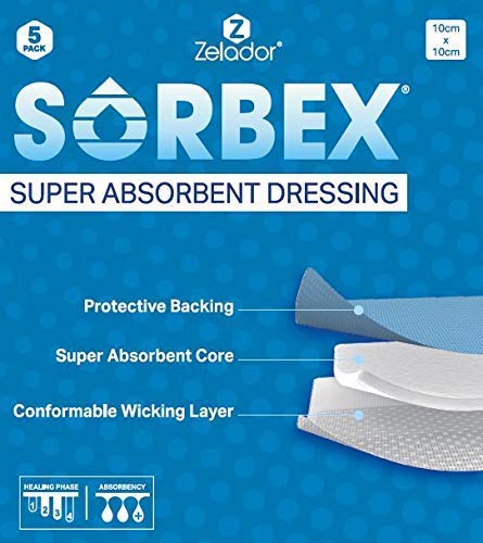 Sorbex Tappetino super assorbente per ferite drenanti da moderate a pesanti (15 x 15 cm) assorbimento dell'umidità superiore sterile e traspirante