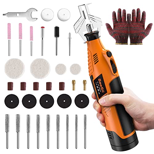 Seesii Cordless Chainsaw Sharpener, Electric Handheld Chainsaw Sharpening Kit, Multi-Function High Speed Chain Saw Sharpen Tool Set Battery Powered with 12pcs Sharpening Wheels, Angle Attachment