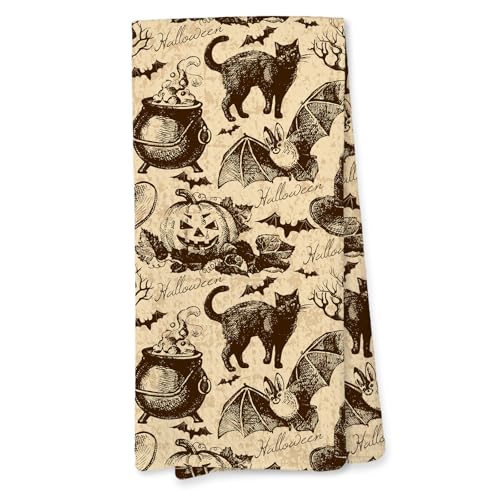 Giosve Vintage Halloween Black Cat Pumpkin Kitchen Towels, Retro Spooky