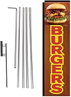 Vista 1 de Bandera rectangular de plumas de hamburguesas con kit de poste de 15 pies y punta de tierra, letrero perfecto para restaurantes, camiones de comida